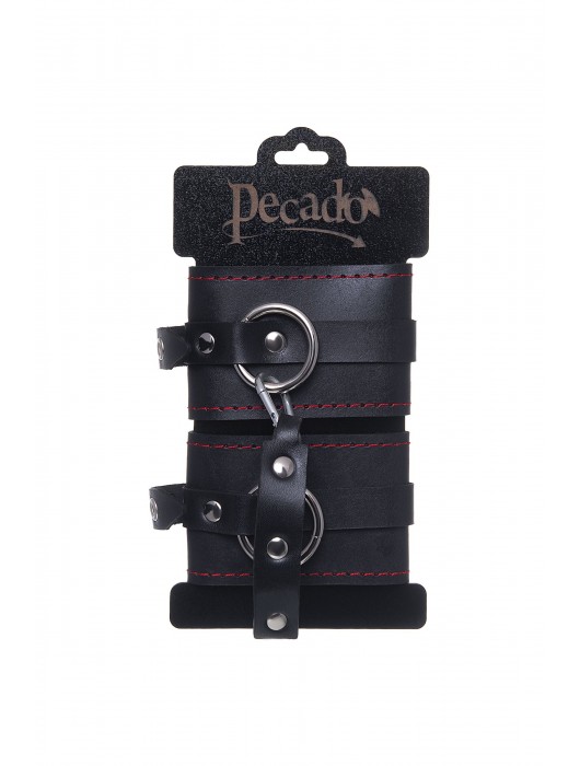Черные кожаные однослойные оковы с контрастной строчкой - Pecado - купить с доставкой в Балашихе