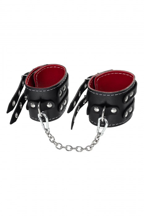 Черные кожаные оковы с двумя ремнями и красной подкладкой - Pecado - купить с доставкой в Балашихе