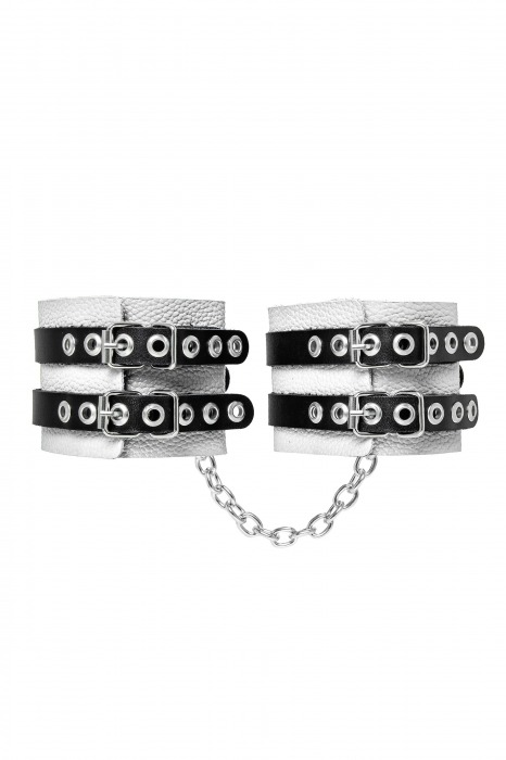 Бело-черные оковы с двумя ремешками и люверсами - Pecado - купить с доставкой в Балашихе
