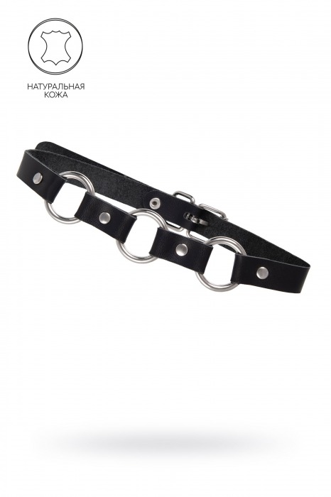 Черный кожаный чокер-ошейник с тремя кольцами - Pecado - купить с доставкой в Балашихе