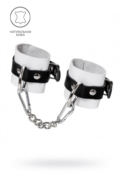 Бело-черные кожаные наручники с одним ремешком с люверсами - Pecado - купить с доставкой в Балашихе