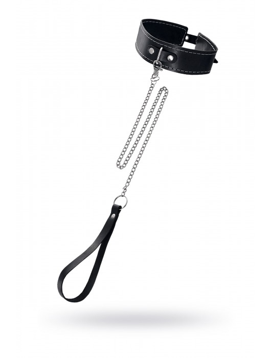 Кожаный двухслойный ошейник с белой строчкой и поводком - Pecado - купить с доставкой в Балашихе