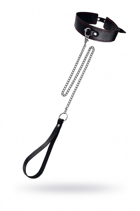 Кожаный двухслойный ошейник с красной строчкой и поводком - Pecado - купить с доставкой в Балашихе