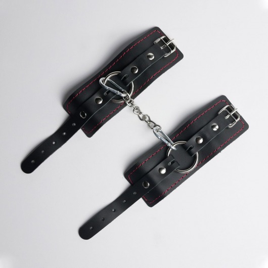 Черные кожаные наручники с красной строчкой - Crazy Handmade - купить с доставкой в Балашихе