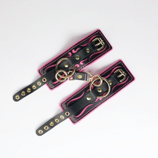 Черные кожаные наручники с розовой строчкой - Crazy Handmade - купить с доставкой в Балашихе