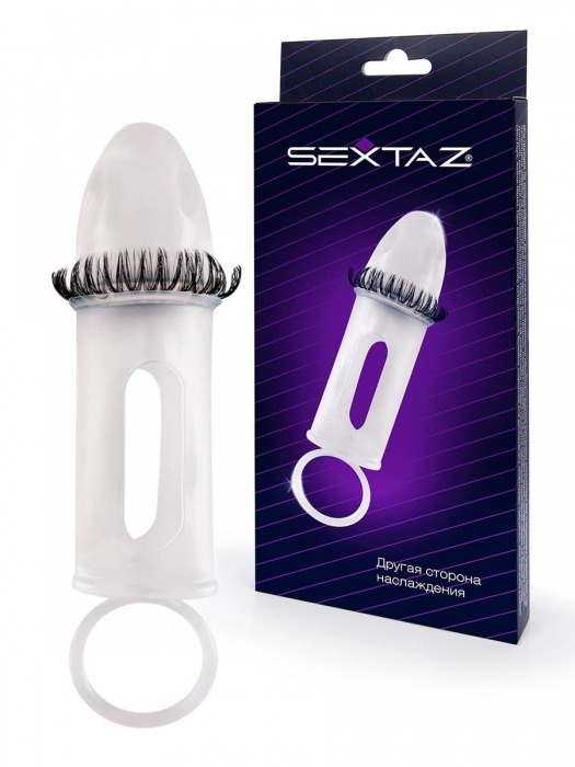 Закрытая насадка на пенис с подхватом мошонки и стимулирующими «ресничками» - Sextaz - в Балашихе купить с доставкой