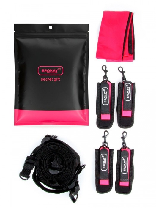 Черно-розовый эротический набор: фиксатор, оковы, наручники, повязка - Erokay - купить с доставкой в Балашихе