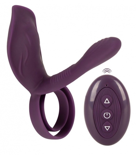 Фиолетовая насадка на член с клиторальным отростком и пультом ДУ RC Couple’s Vibrator 2 - Orion - в Балашихе купить с доставкой