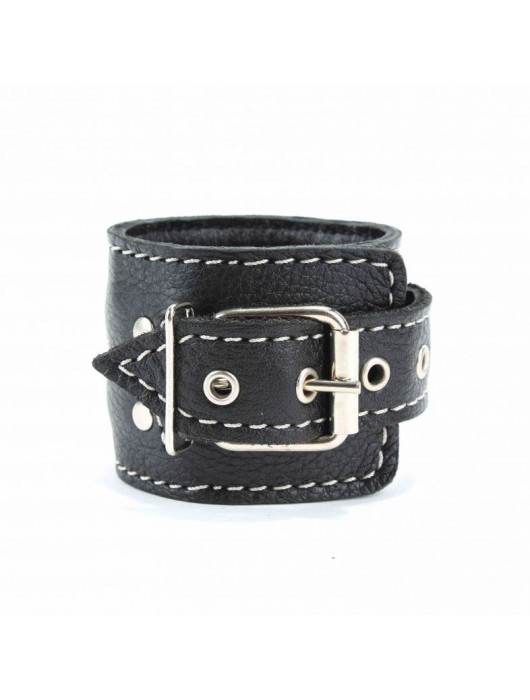 Чёрные кожаные наручники с крупной строчкой - БДСМ Арсенал - купить с доставкой в Балашихе