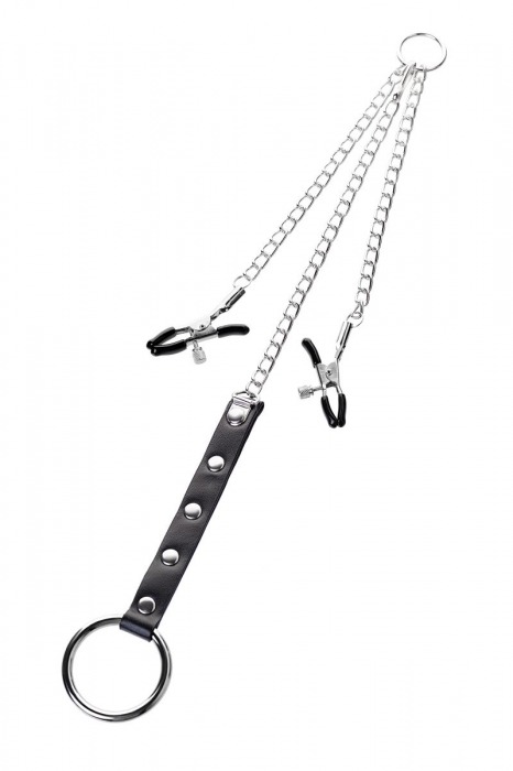 Серебристо-чёрные зажимы для сосков с кольцом для пениса TOYFA Metal - ToyFa - купить с доставкой в Балашихе